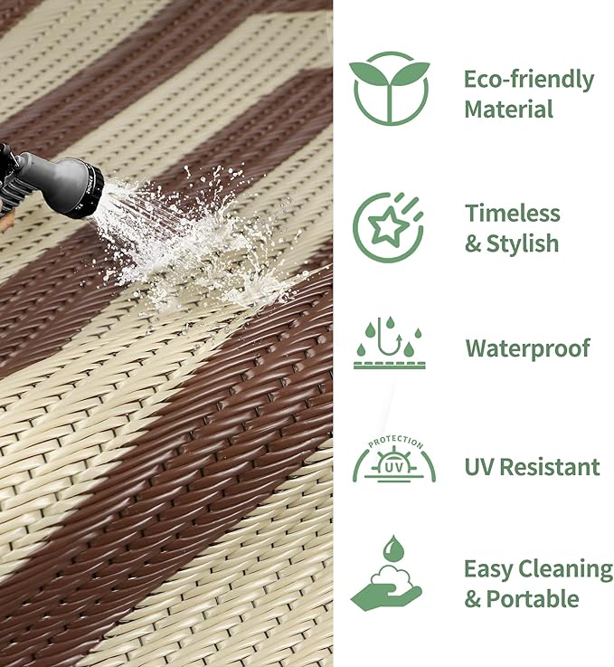 GENIMO Outdoor Rug, Waterproof Plastic Rugs for Patio, 8'x10' Mocha Beige | Outside Larger Modern Carpet Mat for Porch Decor, Deck, Balcony, Camping, RV, Backyard, Picnic, Beach, Reversible, Foldable