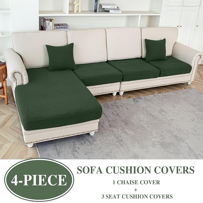 LA MEACK Couch Cushion Covers for Sectional Sofa L Shape Washable Separate Seat Chaise Couch Cover Stretch Sofa Slipcovers with 2 Pcs Pillowcases(3 Seater + 1 Chaise, Green)
