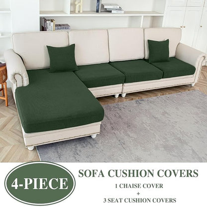 LA MEACK Couch Cushion Covers for Sectional Sofa L Shape Washable Separate Seat Chaise Couch Cover Stretch Sofa Slipcovers with 2 Pcs Pillowcases(3 Seater + 1 Chaise, Green)