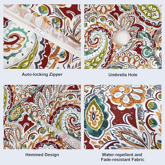Outdoor/Indoor Round Tablecloth with Umbrella Hole Zipper, Decorative Circular Table Cover for Home Garden, 60 Inch, Paisley Chilli