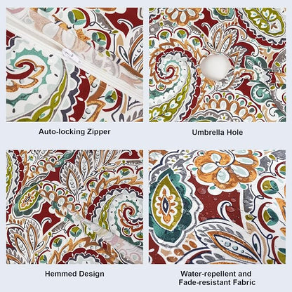 Outdoor/Indoor Round Tablecloth with Umbrella Hole Zipper, Decorative Circular Table Cover for Home Garden, 60 Inch, Paisley Chilli