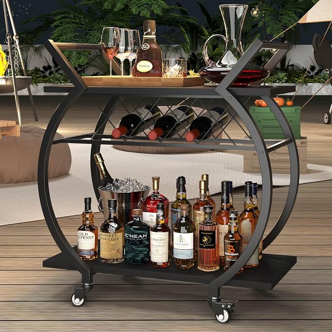 LVB Black Bar Cart with Wheels, Industrial Wine Cart with Storage for Home | Modern Bar Cart with Wine Rack, Beverage Rolling Kitchen Serving Cart, Wooden Microwave Drink Liquor Cart for Dining Room