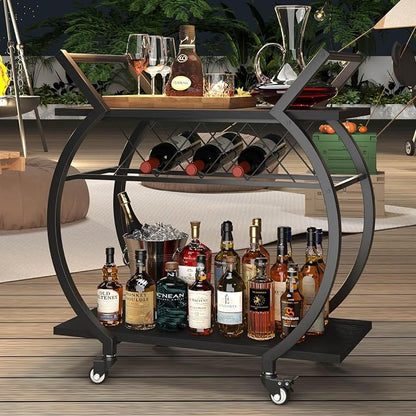 LVB Black Bar Cart with Wheels, Industrial Wine Cart with Storage for Home | Modern Bar Cart with Wine Rack, Beverage Rolling Kitchen Serving Cart, Wooden Microwave Drink Liquor Cart for Dining Room