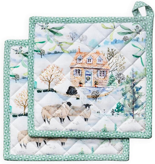 Maison d' Hermine Pot Holders Set 100% Cotton Heat Resistant Potholders 8" x 8" Hot Pads with Loop for Thanksgiving Christmas Decorations BBQ Cooking Baking Handling Hot Pans (Pack of 2, Snowy World)