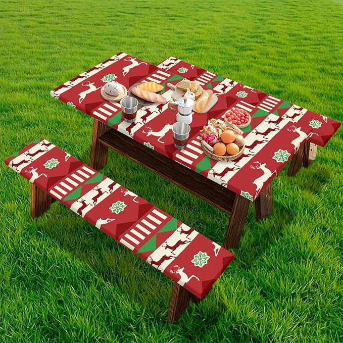 Xmas Table Cloth with Bench Covers 3 PCS for Outdoor Christmas Reindeers Camping Accessories Fitted Outdoor Tablecloth