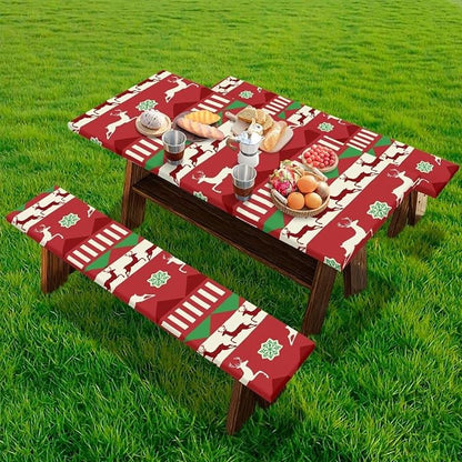 Xmas Table Cloth with Bench Covers 3 PCS for Outdoor Christmas Reindeers Camping Accessories Fitted Outdoor Tablecloth