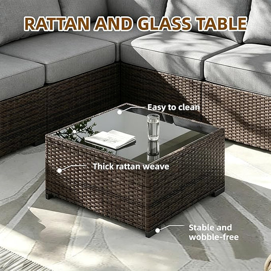 MOCHITO 7 Pieces Outdoor Patio Furniture Sets, All-Weather Sectional Sofa Dark Brown PE Rattan Wicker Conversation Set with Glass Table and Washable Grey Cushions for Backyard