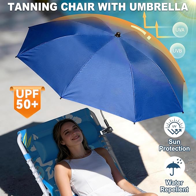 Luxfero 3-in-1 Beach Lounge Chair with Umbrella, Sun Tanning Chair with Face Hole&5-Position Recliner, Folding Lounge Chair Outdoor Lay Flat, Max 350lbs,Portable Tanning Chair with Pillow&Pocket-Blue