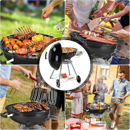 28-Inch Portable Charcoal Grill with Wheels and Storage Holder, Porcelain-Enameled Lid and Ash Catcher & Thermometer, Round Barbecue Kettle Grill Bowl Wheels for Outdoor Party Camping Picnic
