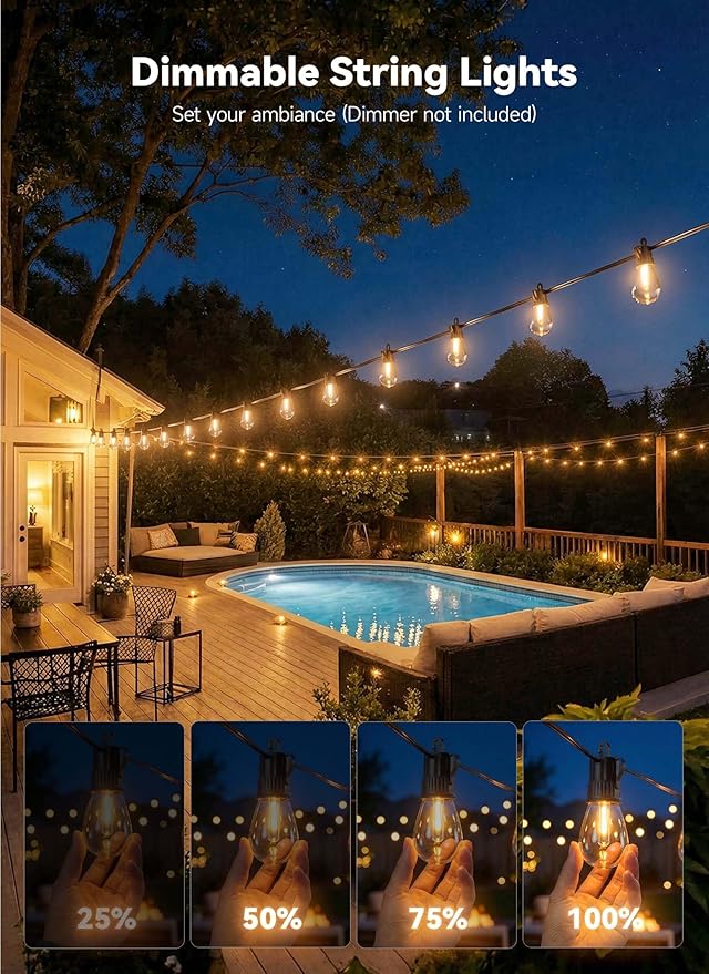 Minetom 164FT Outdoor String LED Patio Lights Waterproof,Shatterproof S14 Vintage Edison Bulbs,Commercial Grade Outside Hanging Lights Waterproof for Porch Deck Garden Backyard Balcony Cafe Bistro