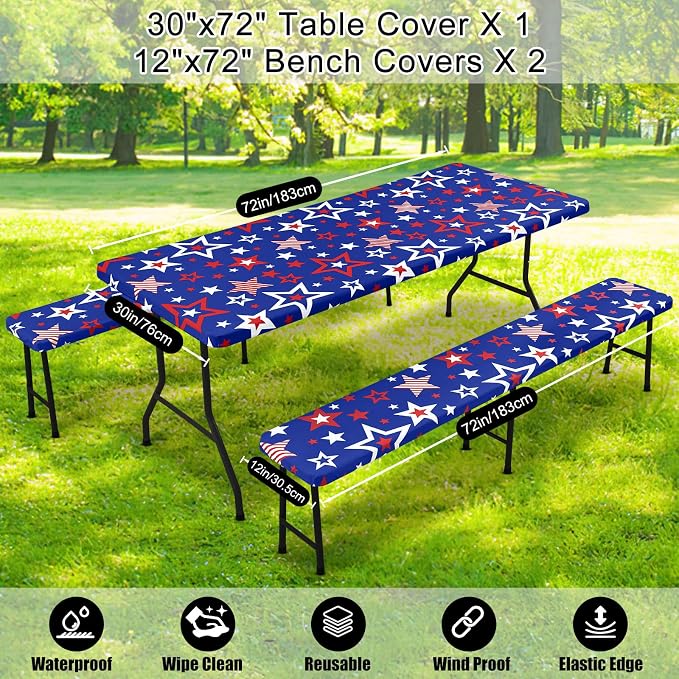 Smiry Picnic Table Cover with Bench Covers, Waterproof Elastic Fitted Tablecloth for 6 Foot Tables, Washable Polyester Tablecloths for Camping & Patriotic Decor (Navy Blue & Red, 30x72 Inch 3-pc Set)
