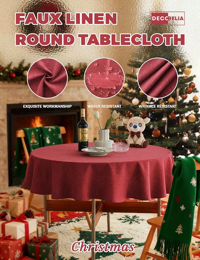Decorelia Waterproof Small Round Table Cloth, Decorative Farmhouse Tablecloths Anti-Scratch Tablecloth Cover for Holiday,Banquet,Dining& Kitchen Table (60 Inch,Round (2-4 Seats),Red)