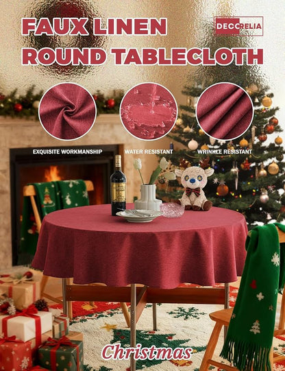 Decorelia Waterproof Small Round Table Cloth, Decorative Farmhouse Tablecloths Anti-Scratch Tablecloth Cover for Holiday,Banquet,Dining& Kitchen Table (60 Inch,Round (2-4 Seats),Red)