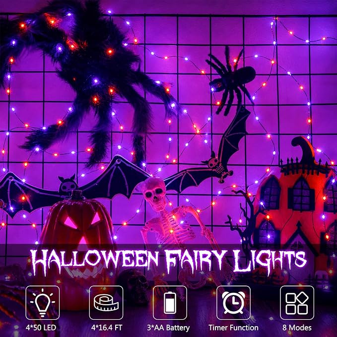 4 Pack Halloween Fairy Lights Battery Operated Orange Purple Twinkle Lights | 16.4 Ft 50 LED Battery Halloween Fairy Light Waterproof with Timer 8 Mode for Indoor Outdoor Party Decor, Black Wire