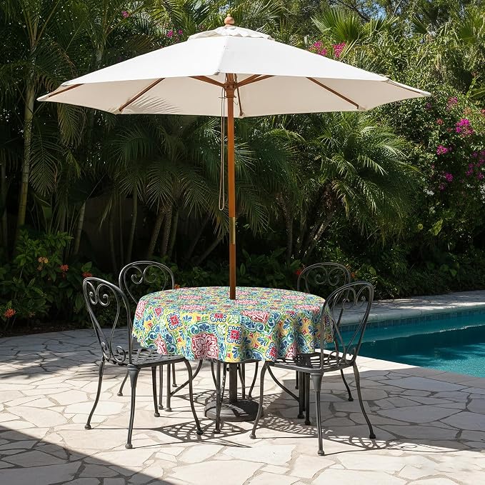 LVTXIII Round Outdoor Tablecloth with Umbrella Hole and Zipper, Water-Repellent 60 Inch Patio Table Cover for Bistro, Garden, Patio & Picnic, Damask Red