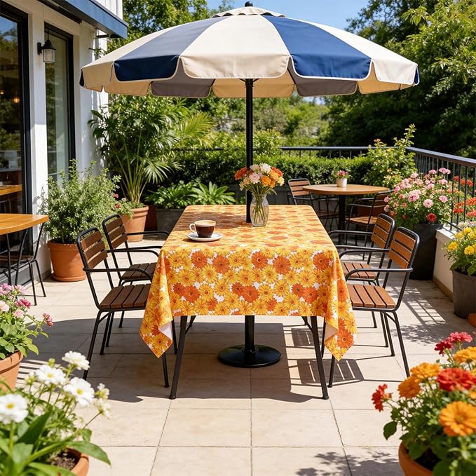 Poise3EHome 60X84 Inches Rectangle Outdoor Tablecloth with Umbrella Hole and Zipper,Spillproof Patio Table Cloth for Camping Picnic Party Garden Table, Yellow Flower