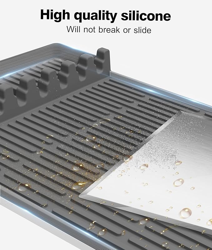 Silicone Grill Mat Compatible with Blackstone, BBQ Griddle Tools Mat with Drip Pad, Large Spatula Holder for Outdoor Kitchen Counter, Gifts for Men （Gray）