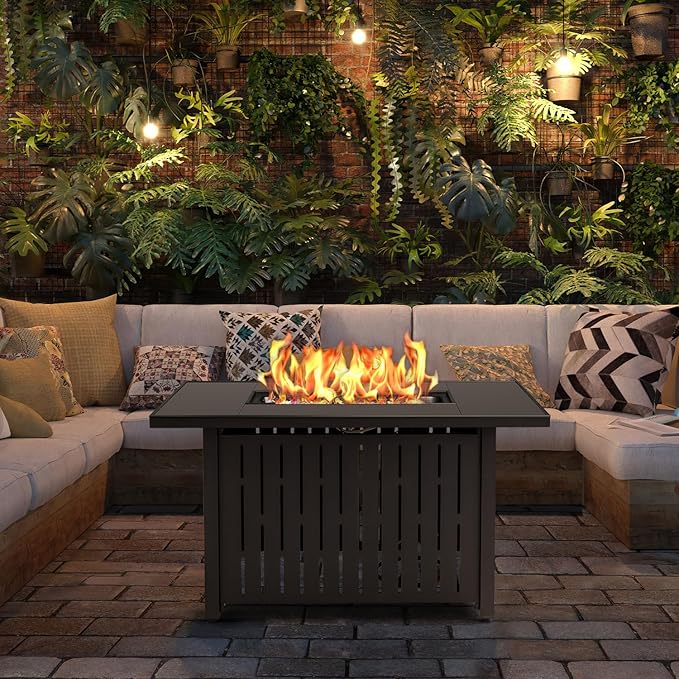 Greesum 43 Inch Outdoor Gas Fire Pit Table, 50,000 BTU Steel Propane Firepit with Wind Guard and Blue Glass Rock, Add Warmth and Ambience to Parties On Patio Garden Backyard, Black