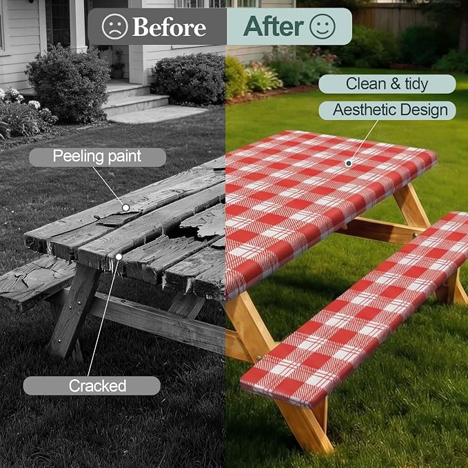 Picnic Table Cover Bench Covers Camping Essentials Tablecloth | Waterproof Vinyl for Outdoor, Windproof Elastic Fitted Edges, RV BBQ Accessories Must Haves, Storage Bag Included
