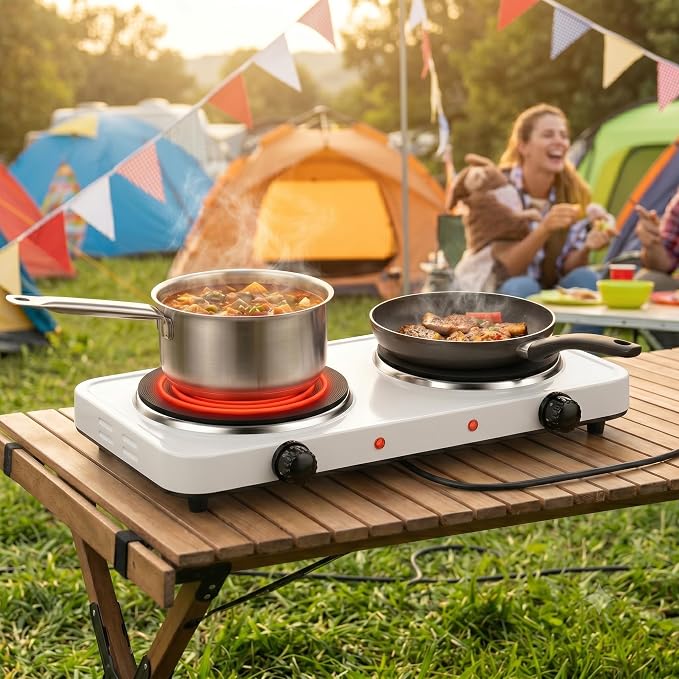 Electric Countertop Burner, Double Burner, 2000W Infrared Hot Plate, Portable Electric Cooktop, 5 Level Adjustable Temperature Control Cooking Ranges for Home Dorm Camping