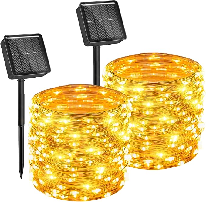 Solar String Lights, 2 Packs Total 66Ft 200 LED Fairy Lights with 8 Modes | Waterproof Twinkle Lights Outdoor & Indoor Solar Lights for Outside Patio Yard Tree Wedding Christmas Decor Warm White