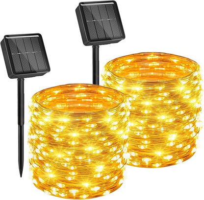 Solar String Lights, 2 Packs Total 66Ft 200 LED Fairy Lights with 8 Modes | Waterproof Twinkle Lights Outdoor & Indoor Solar Lights for Outside Patio Yard Tree Wedding Christmas Decor Warm White
