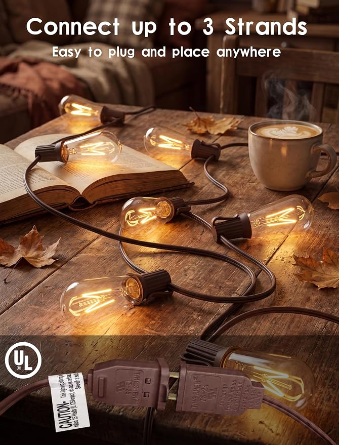 SUNSGNE 20Ft Edison Outdoor String Lights with 22 Clear Edison Bulbs, ST40 Vintage Bulbs String Lights, 7W Christmas Hanging Backyard Porch Balcony Party Decoration Lights, E17/C9 Socket Base, Brown