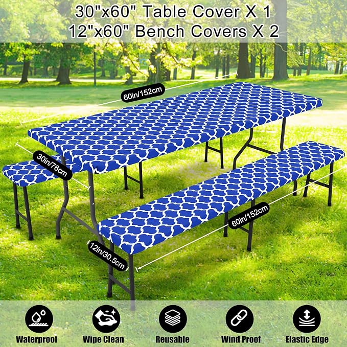 Smiry Picnic Table Cover with Bench Covers, Waterproof Elastic Fitted Tablecloth for 5 Foot Tables, Washable Polyester Tablecloths for Camping, Indoor & Outdoor (Blue, 30x60 Inch 3-pc Set)