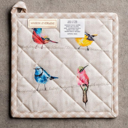 Maison d' Hermine Pot Holders 100% Cotton Heat Resistant Potholders 8" x 8" Hot Pads with Loop BBQ Cooking Baking Hotel Farmhouse Kitchen Handling Hot Pans Spring Summer (Pack of 2, Birdies on Wire)