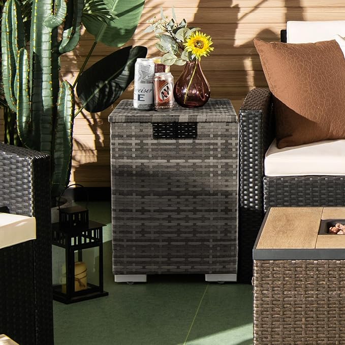 Tangkula Outdoor Propane Tank Cover Table, Patiojoy Wicker Hideaway Table for Gas Fire Pits, 20 lbs Propane Tank Storage Box, Outdoor Wicker Side Table & Propane Tank Holder (Mix Grey)