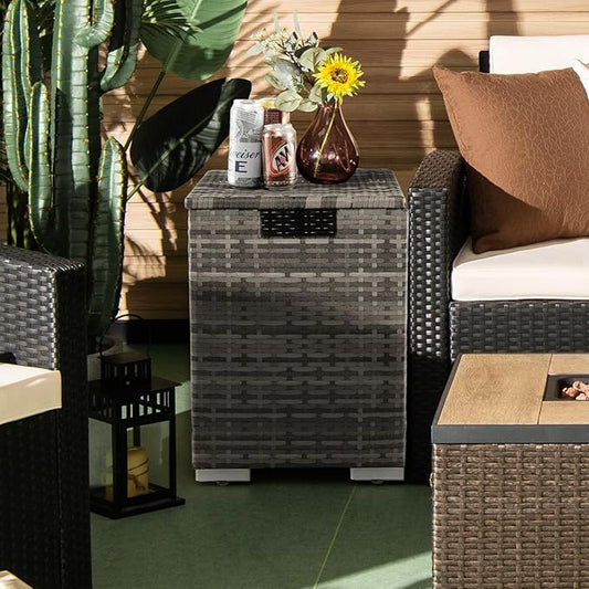 Tangkula Outdoor Propane Tank Cover Table, Patiojoy Wicker Hideaway Table for Gas Fire Pits, 20 lbs Propane Tank Storage Box, Outdoor Wicker Side Table & Propane Tank Holder (Mix Grey)