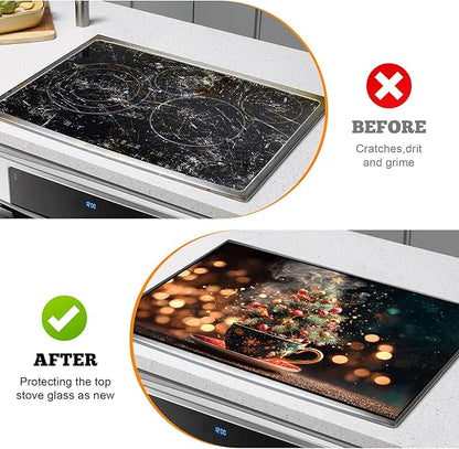 Christmas Multi-Design Stove Cover for Glass/Electric Stoves - 3-in-1 Heat-Resistant Protector Mat, Non-Slip Drying Rack 28"x20"