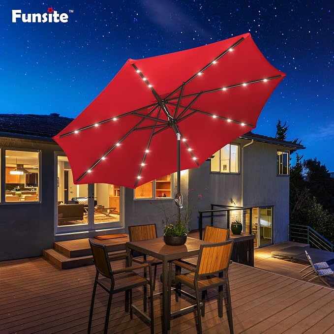 9ft Patio Umbrella with Solar Lights, Outdoor Umbrella with 24 LED Solar Umbrella Lights, Push Button Tilt & Crank Ideal for Garden, Deck, Backyard & Pool, Red