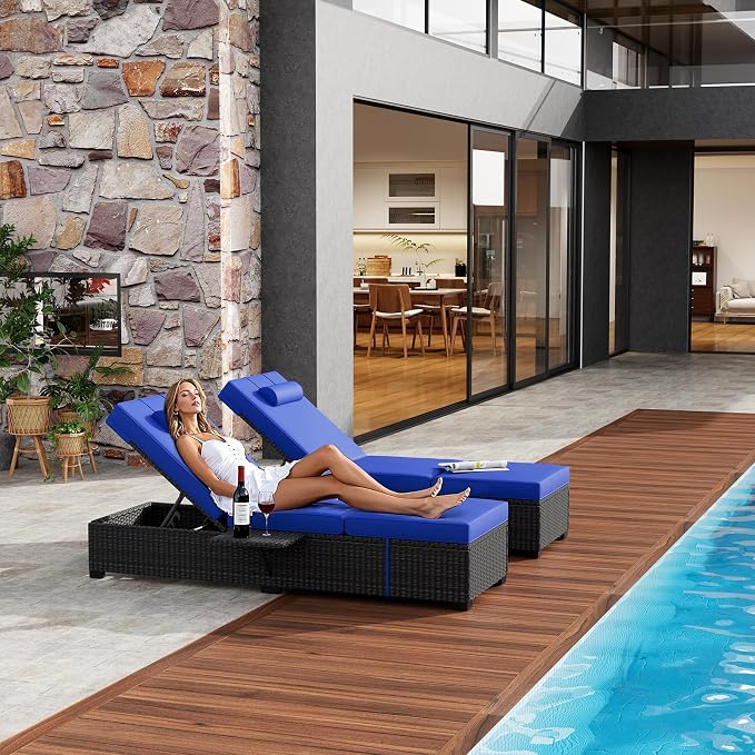 Garvee 2-Pack Adjustable Chaise Lounge Chairs with Side Table, 5-Position PE Rattan Recliners with Sky Blue Cushions & Headrest, All-Weather Brown Wicker Pool Loungers for Patio Garden Deck