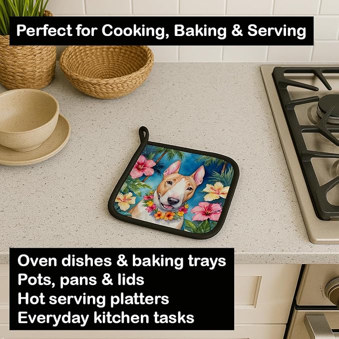 Caroline's Treasures English Bull Terrier Luau Pair of Pot Holders Kitchen Heat Resistant Pot Holders Sets Oven Hot Pads for Cooking Baking BBQ, 7 1/2 x 7 1/2
