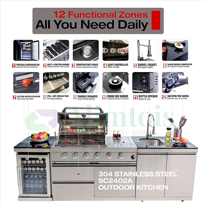 Outdoor Grill Islands 98.4" 4-Burner: 72000 BTU Outdoor bbq Island with Refrigerator Rotisserie kit Stainless steel Sink and Storage | Easy Setup
