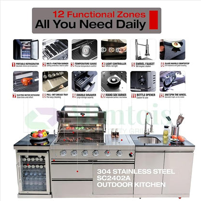 Outdoor Grill Islands 98.4" 4-Burner: 72000 BTU Outdoor bbq Island with Refrigerator Rotisserie kit Stainless steel Sink and Storage | Easy Setup