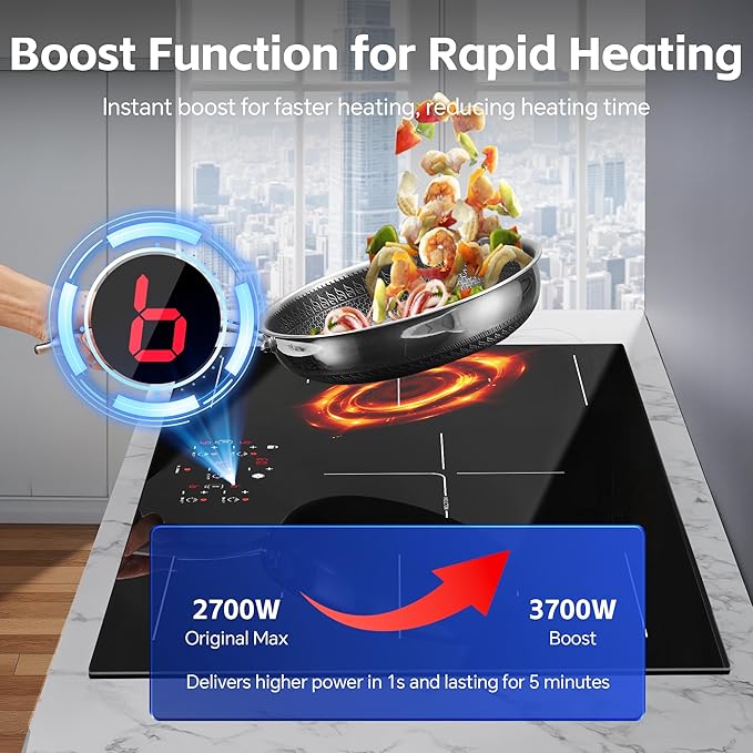 36 Inch Electric Induction Cooktop 5 Burners, 10800W Built-in Induction Stove Top with Double Bridge Function, Booster, Timer, Child Lock, Sensor Touch Control, 240V/50A, No Plug
