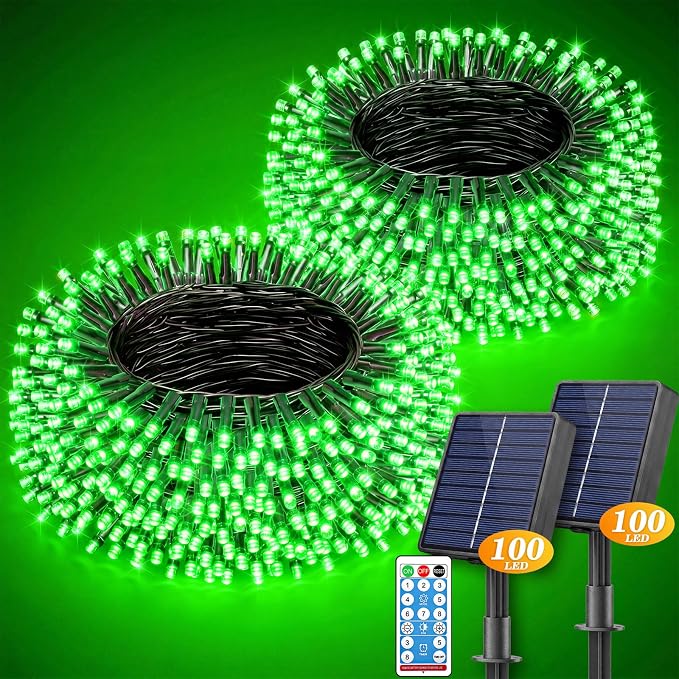 LitHome 2 Pack Solar String Lights Outdoor with Remote, Total 200LED 66FT | Solar Christmas Lights Outside Waterproof, 8 Modes String Light for Xmas Patio Garden Party Yard Tree Decor, Green
