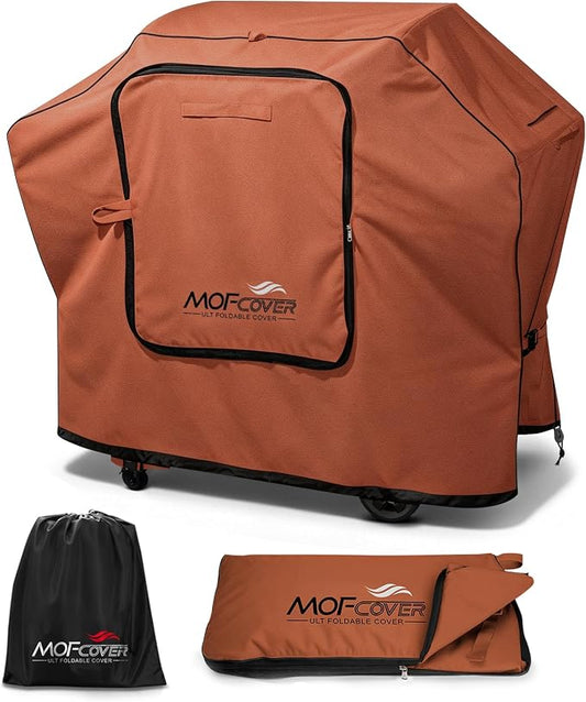 Exclusive Foldable 58 inch Grill Cover, 600D Heavy Duty Outdoor BBQ Cover for Weber Genesis II/EX/SX/LX 300 and Genesis 300 Series Weber 7130, 3-5 Burners Grill, Caramel