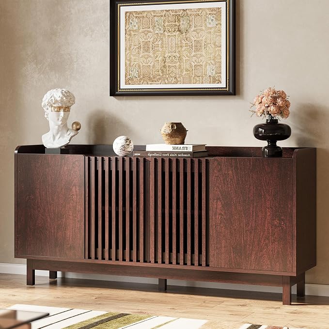 IRONCK Storage Cabinet with Grille Doors, Natural Red Walnut | 2 Adjustable Shelves