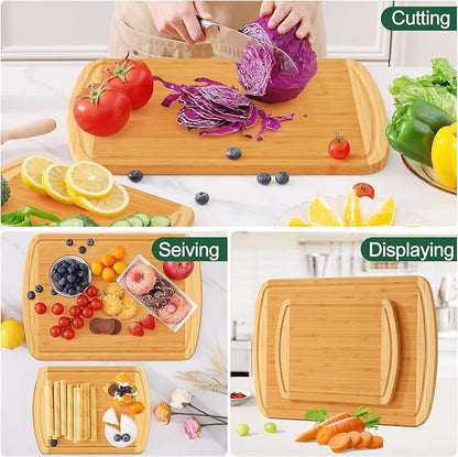Homaxy Bamboo Cutting Boards for Kitchen Set of 2, Wood Cutting Board Set with Juice Groove, Wooden Butcher Block Chopping Board Set for Kitchen, Meat, Cheese, Fruit & Vegetables - Pre Oiled, Two-Tone
