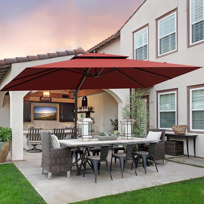 9x12FT Red Cantilever Outdoor Patio Umbrella with Base, Large Rectangular Offset Design, Double Top Heavy Duty Aluminum Frame & 360° Rotation for Pool Garden Deck Backyard