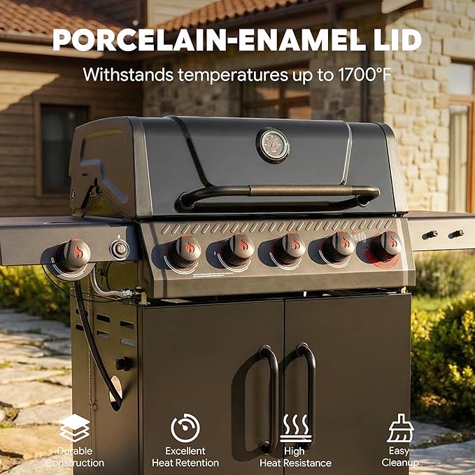 Feasto 5 Burner Propane Gas Grill with Side Burner & Sear Burner, Porcelain-Enameled Main Body and Lid, Propane BBQ Grill with Warming Rack & Storage Cabinet for Outdoor, Patio, Backyard