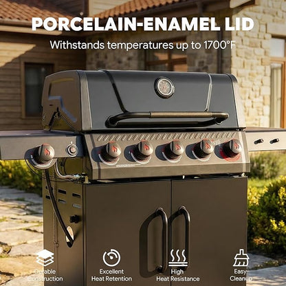 Feasto 5 Burner Propane Gas Grill with Side Burner & Sear Burner, Porcelain-Enameled Main Body and Lid, Propane BBQ Grill with Warming Rack & Storage Cabinet for Outdoor, Patio, Backyard