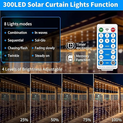 Solar Curtain Lights 10*10Ft 300LED Waterproof Waterfall Light with 8 Modes Remote Type C Charging Dimmable Timer Twinkle Fairy String Lights for Outdoor Christmas Gazebo Wedding Party Pergola Patio