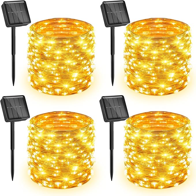 Solar String Lights, 4 Packs Total 132Ft 400 LED Fairy Lights Warm White | IP65 Waterproof Twinkle Lights with 8 Modes, Patio Lights for Tree Outside Patio Yard Party Wedding Christmas Decoration