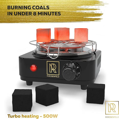 PRO Hookah Coal Burner for Hookah Cubes 500W with grid – BLACK HEAT Charcoal Burner Electric for Shisha with grill & FREE Hooka Tongs - Strong Durable 304 Steel Coil