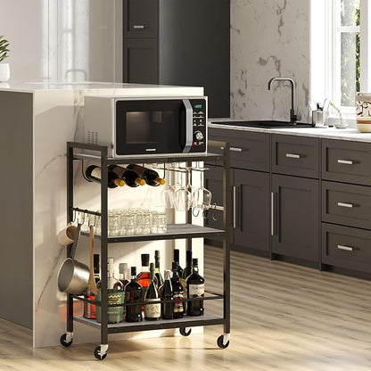TUTOTAK Bar Cart with Wheels, Drink Cart with Wine Rack and Glass Holder | 3-Tier 23.7 Inch Wide Home Bar Serving Carts, Small Mobile Kitchen Shelf with 6 Hooks, Greige BC01BG030