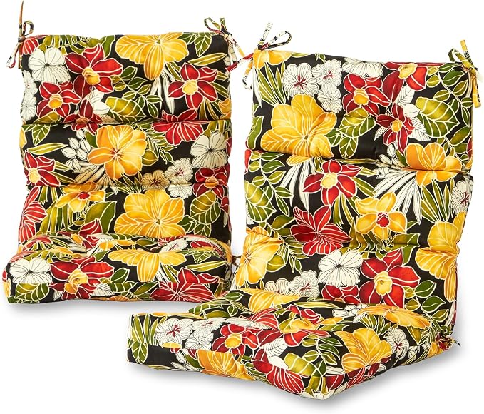 Outdoor Tufted High-Back Chair Cushions, One-Piece Hinged Seat and Back Design, Reversible with 4 Ties, Durable Polyester Fabric, Recycled Fiber Fill - Set of 2, Aloha Black Floral